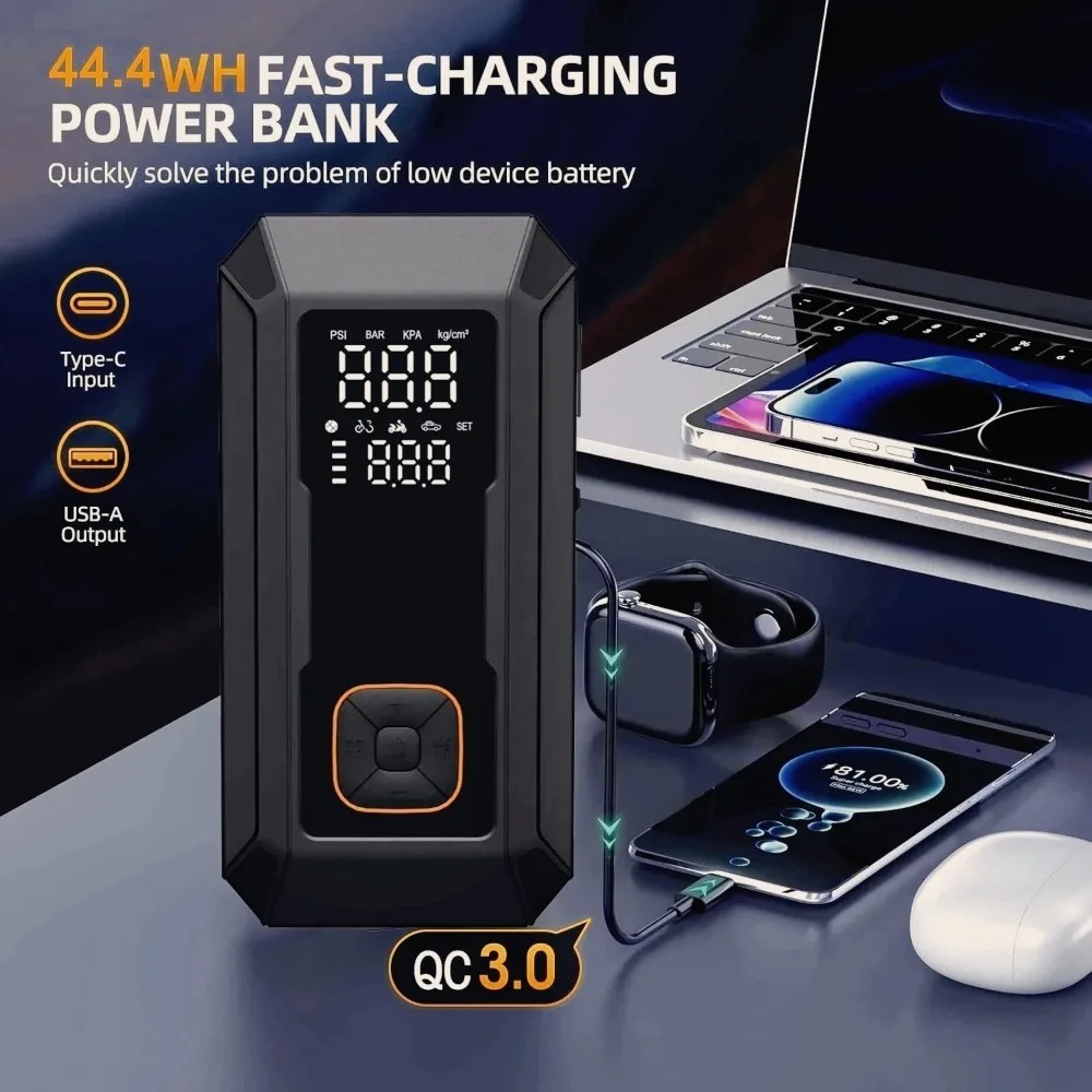 شاحن بطارية السيارة المحمول مع - مراجعة Jump Starter With Air Compressor وسعره